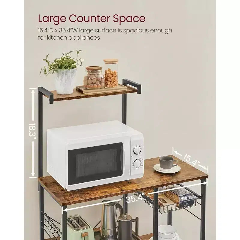 VASAGLE Étagère de Cuisine, Meuble de Rangement, Support Micro-Ondes, avec Panier en Fil, 6 Crochets, pour Épices, Casseroles et Poêles