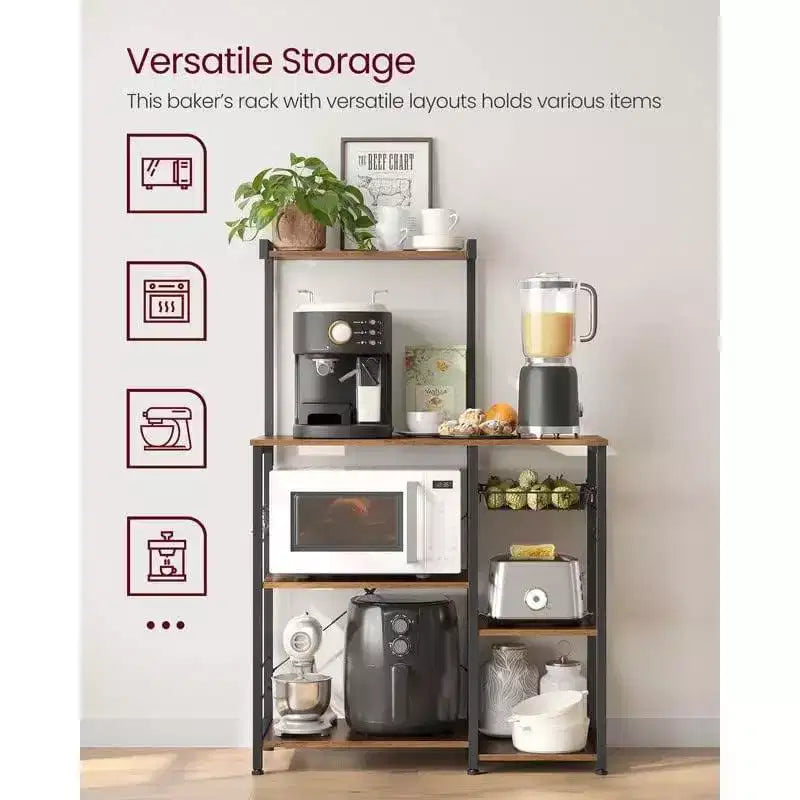 VASAGLE Étagère de Cuisine, Meuble de Rangement, Support Micro-Ondes, avec Panier en Fil, 6 Crochets, pour Épices, Casseroles et Poêles