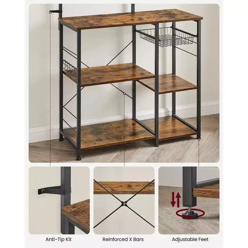 VASAGLE Étagère de Cuisine, Meuble de Rangement, Support Micro-Ondes, avec Panier en Fil, 6 Crochets, pour Épices, Casseroles et Poêles