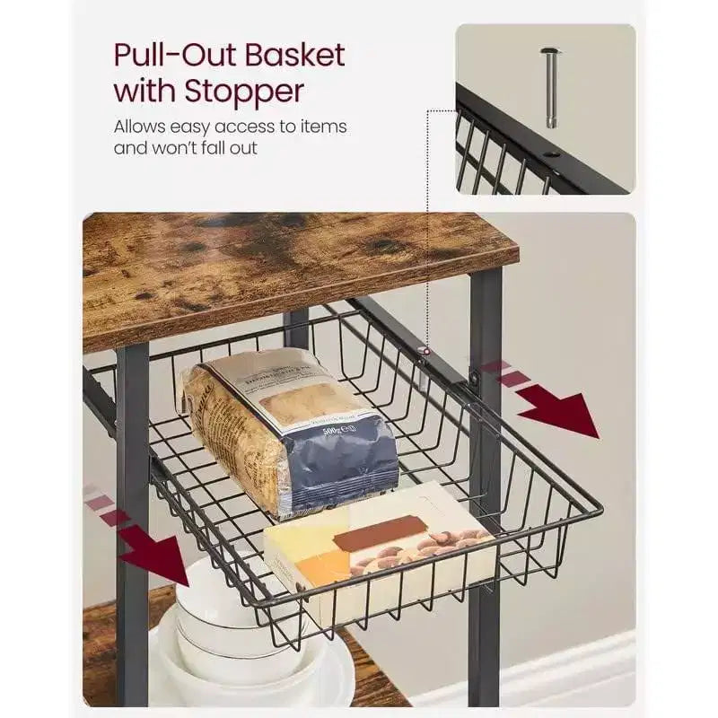 VASAGLE Étagère de Cuisine, Meuble de Rangement, Support Micro-Ondes, avec Panier en Fil, 6 Crochets, pour Épices, Casseroles et Poêles