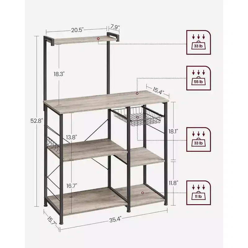VASAGLE Étagère de Cuisine, Meuble de Rangement, Support Micro-Ondes, avec Panier en Fil, 6 Crochets, pour Épices, Casseroles et Poêles