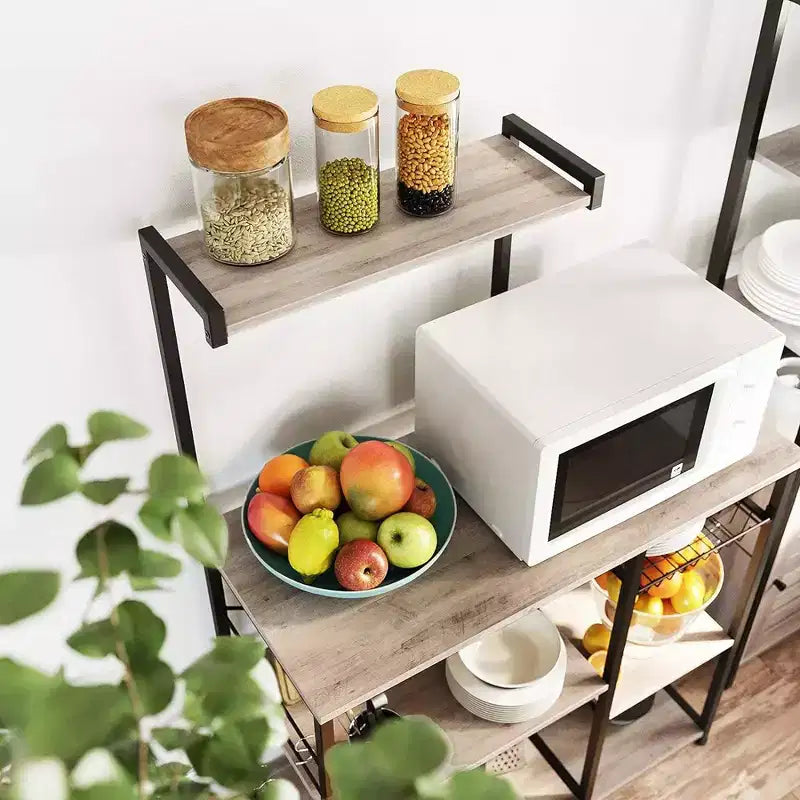 VASAGLE Étagère de Cuisine, Meuble de Rangement, Support Micro-Ondes, avec Panier en Fil, 6 Crochets, pour Épices, Casseroles et Poêles