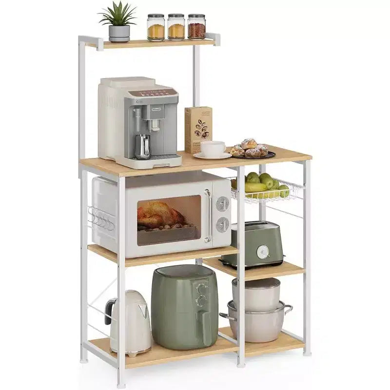 VASAGLE Étagère de Cuisine, Meuble de Rangement, Support Micro-Ondes, avec Panier en Fil, 6 Crochets, pour Épices, Casseroles et Poêles