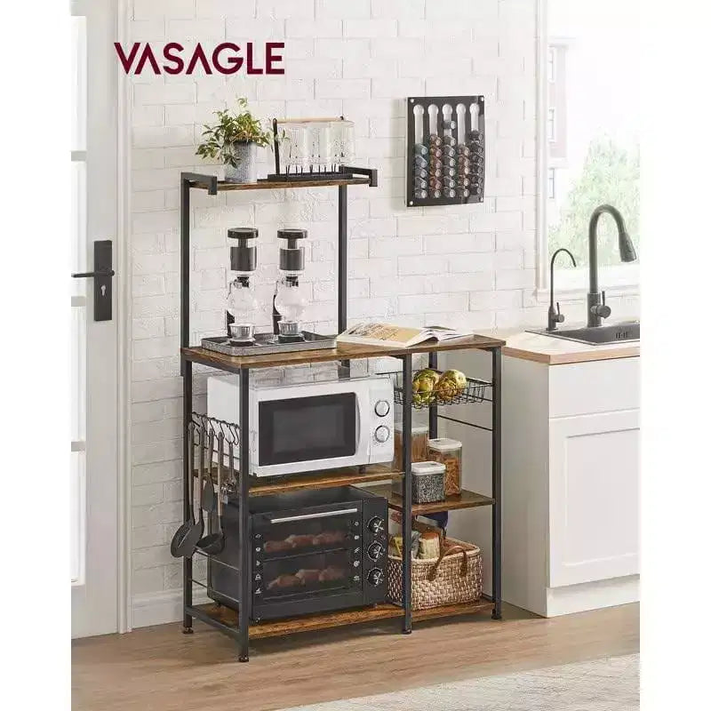 VASAGLE Étagère de Cuisine, Meuble de Rangement, Support Micro-Ondes, avec Panier en Fil, 6 Crochets, pour Épices, Casseroles et Poêles