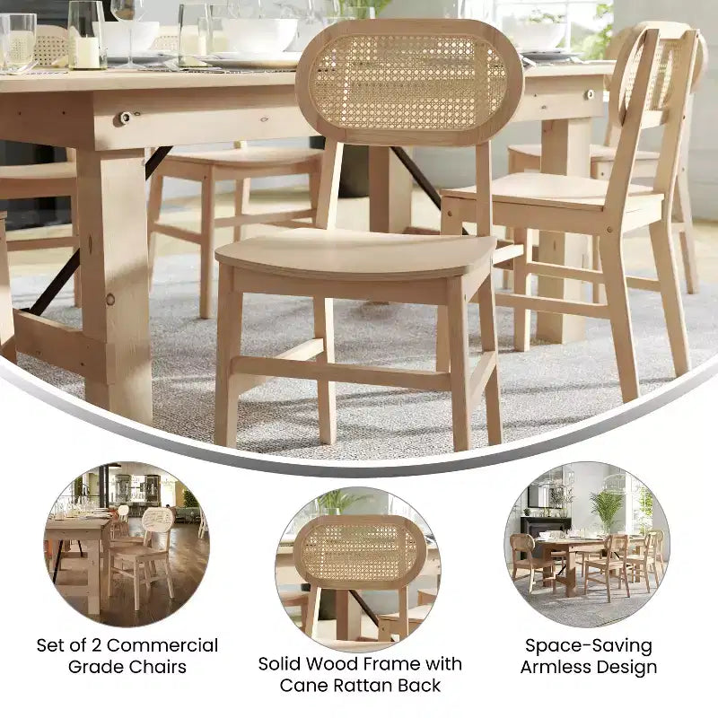 Flash Furniture Jacob Lot de 2 chaises de salle à manger et d'événement commerciales en rotin de canne avec cadre et assise en bois massif