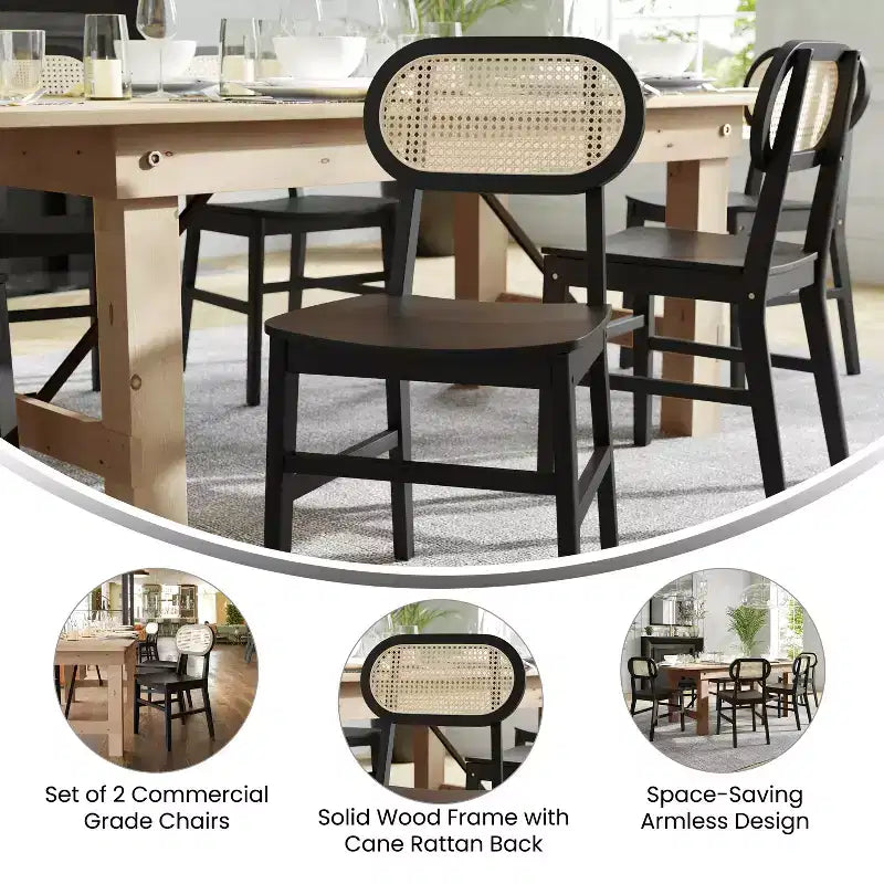 Flash Furniture Jacob Lot de 2 chaises de salle à manger et d'événement commerciales en rotin de canne avec cadre et assise en bois massif