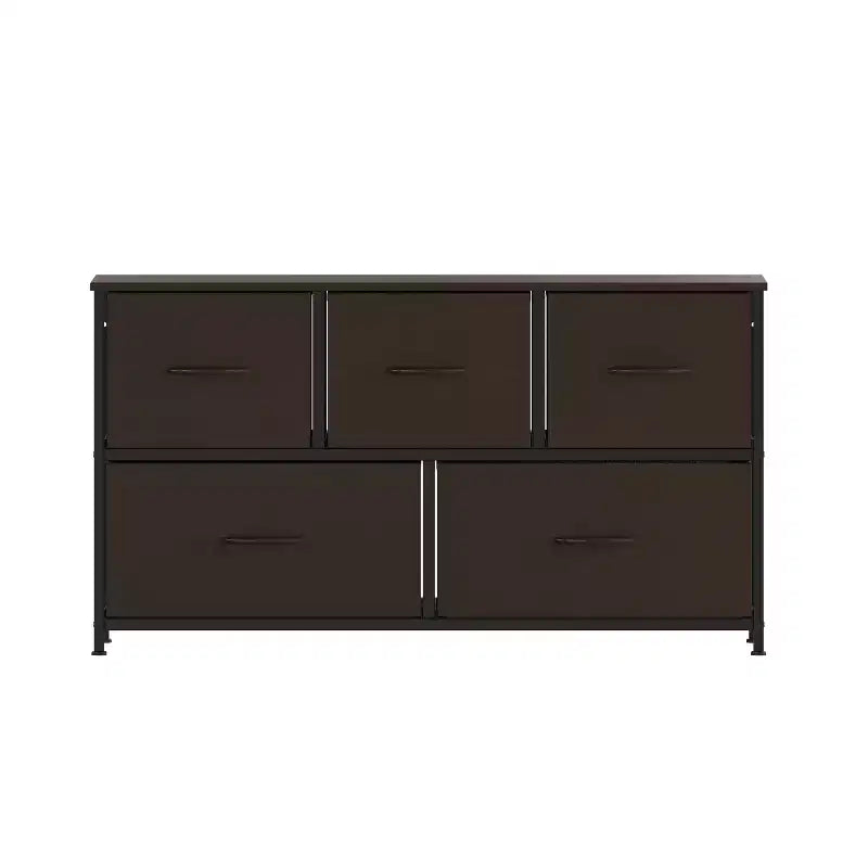 Commode de rangement à 5 tiroirs Emma et Oliver avec cadre en fonte, plateau en bois et tiroirs en tissu à ouverture facile avec poignées en bois