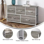 Commode de rangement à 5 tiroirs Emma et Oliver avec cadre en fonte, plateau en bois et tiroirs en tissu à ouverture facile avec poignées en bois