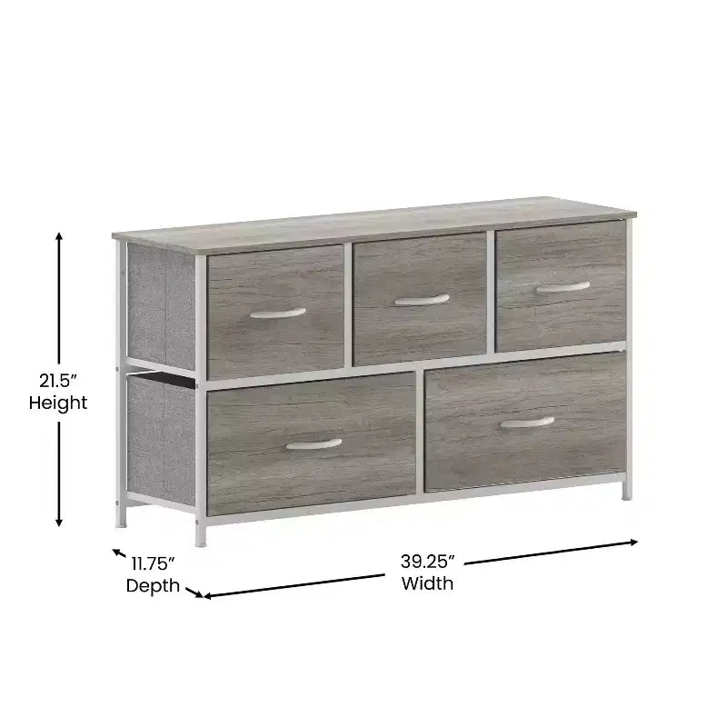 Commode de rangement à 5 tiroirs Emma et Oliver avec cadre en fonte, plateau en bois et tiroirs en tissu à ouverture facile avec poignées en bois