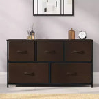Commode de rangement à 5 tiroirs Emma et Oliver avec cadre en fonte, plateau en bois et tiroirs en tissu à ouverture facile avec poignées en bois