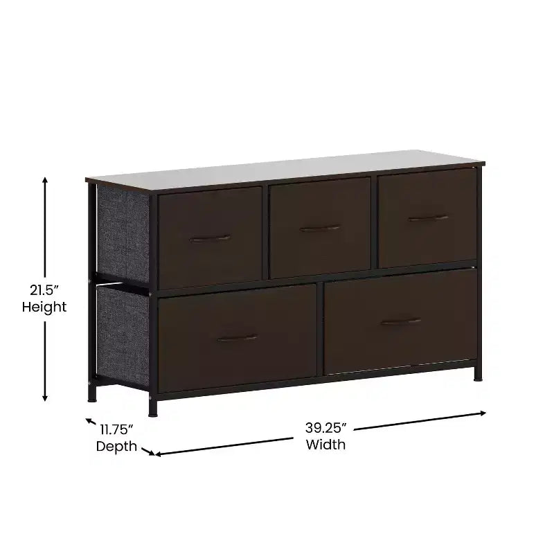 Commode de rangement à 5 tiroirs Emma et Oliver avec cadre en fonte, plateau en bois et tiroirs en tissu à ouverture facile avec poignées en bois