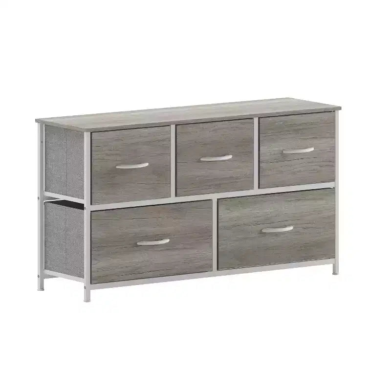 Commode de rangement à 5 tiroirs Emma et Oliver avec cadre en fonte, plateau en bois et tiroirs en tissu à ouverture facile avec poignées en bois