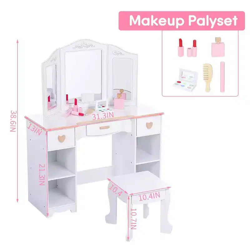 Coiffeuse pour enfants avec miroir et tabouret, ensemble de maquillage en bois pour filles, table de toilette de princesse pour enfants, tout-petits, blanc