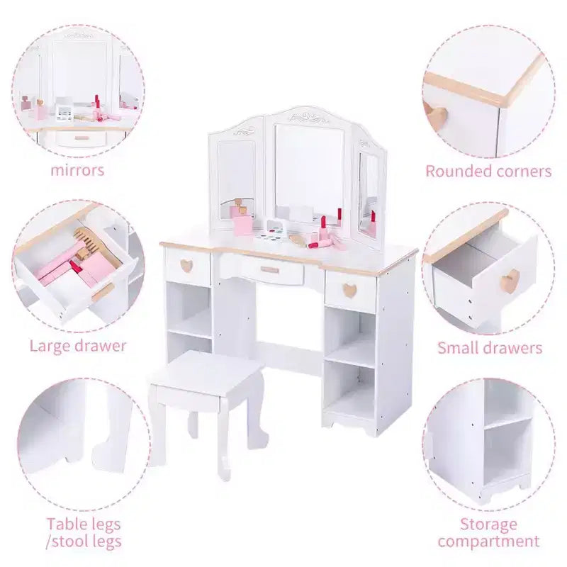 Coiffeuse pour enfants avec miroir et tabouret, ensemble de maquillage en bois pour filles, table de toilette de princesse pour enfants, tout-petits, blanc