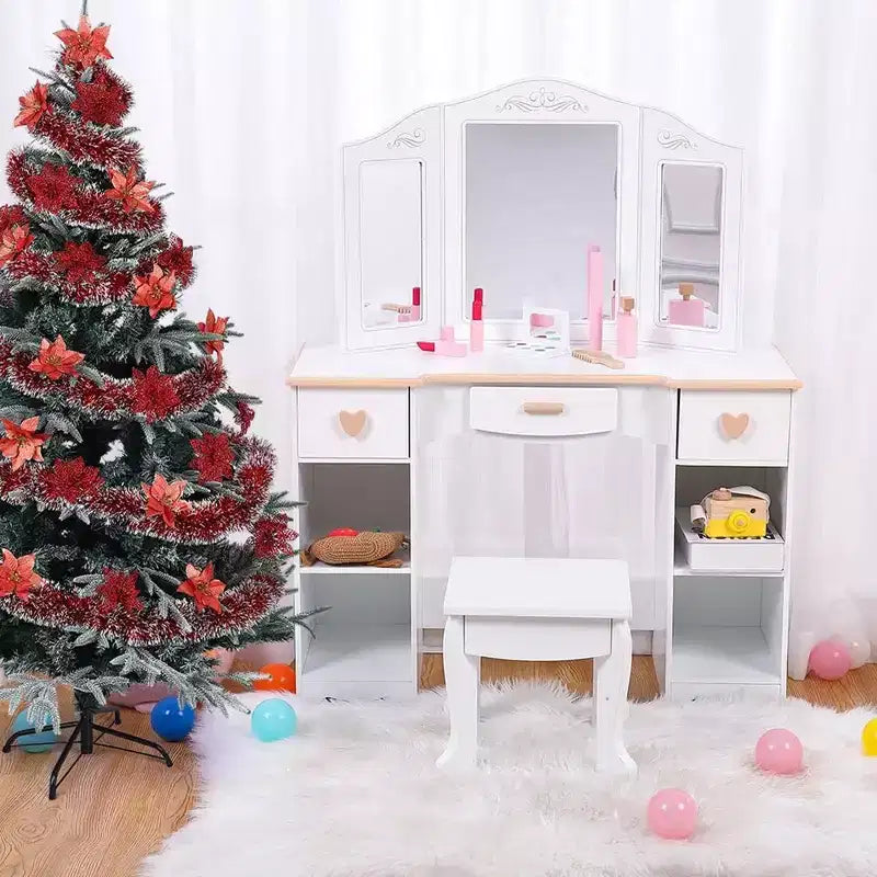 Coiffeuse pour enfants avec miroir et tabouret, ensemble de maquillage en bois pour filles, table de toilette de princesse pour enfants, tout-petits, blanc