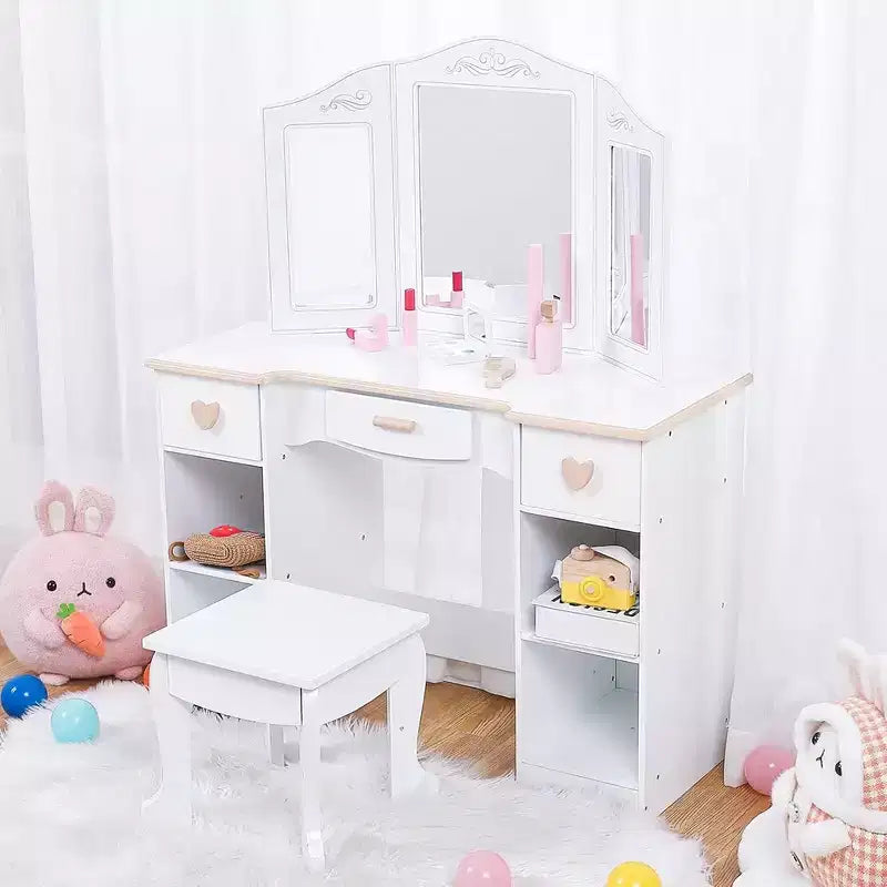 Coiffeuse pour enfants avec miroir et tabouret, ensemble de maquillage en bois pour filles, table de toilette de princesse pour enfants, tout-petits, blanc