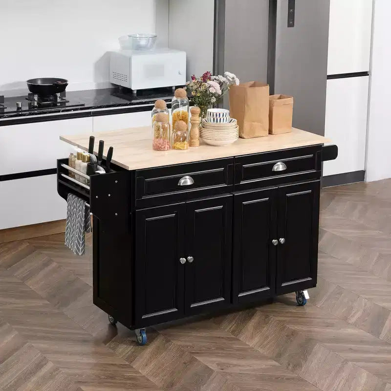 HOMCOM Desserte de cuisine roulante avec roulettes, Chariot de cuisine avec bar de petit-déjeuner en bois massif à rabat, Tiroirs de rangement, Meubles à 4 portes, Étagère à épices