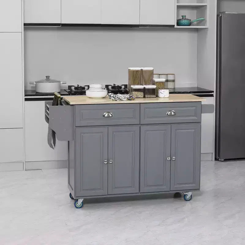 HOMCOM Desserte de cuisine roulante avec roulettes, Chariot de cuisine avec bar de petit-déjeuner en bois massif à rabat, Tiroirs de rangement, Meubles à 4 portes, Étagère à épices