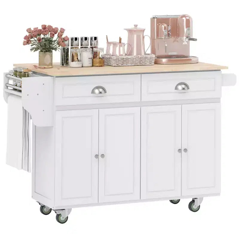 HOMCOM Desserte de cuisine roulante avec roulettes, Chariot de cuisine avec bar de petit-déjeuner en bois massif à rabat, Tiroirs de rangement, Meubles à 4 portes, Étagère à épices