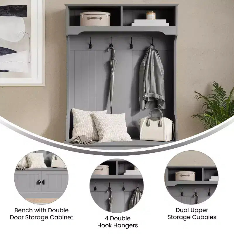 Meuble d'entrée Fraser Flash Furniture avec banc de rangement à double porte, portemanteau avec 4 crochets doubles et 2 compartiments de rangement supérieurs