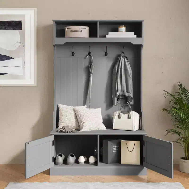 Meuble d'entrée Fraser Flash Furniture avec banc de rangement à double porte, portemanteau avec 4 crochets doubles et 2 compartiments de rangement supérieurs