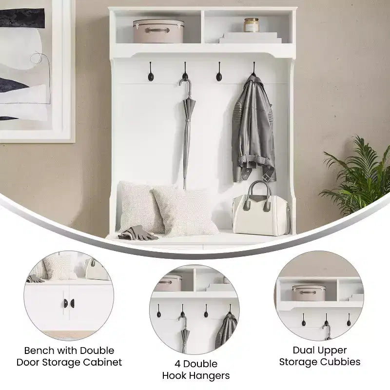 Meuble d'entrée Fraser Flash Furniture avec banc de rangement à double porte, portemanteau avec 4 crochets doubles et 2 compartiments de rangement supérieurs