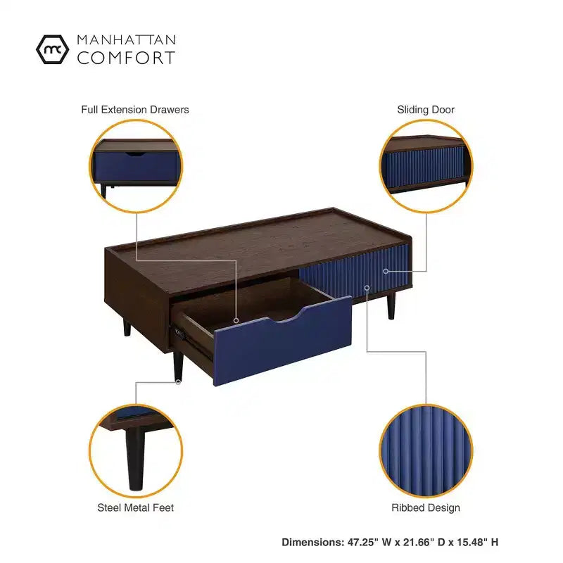 Table basse nervurée Duane avec tiroir et étagère - Manhattan Comfort