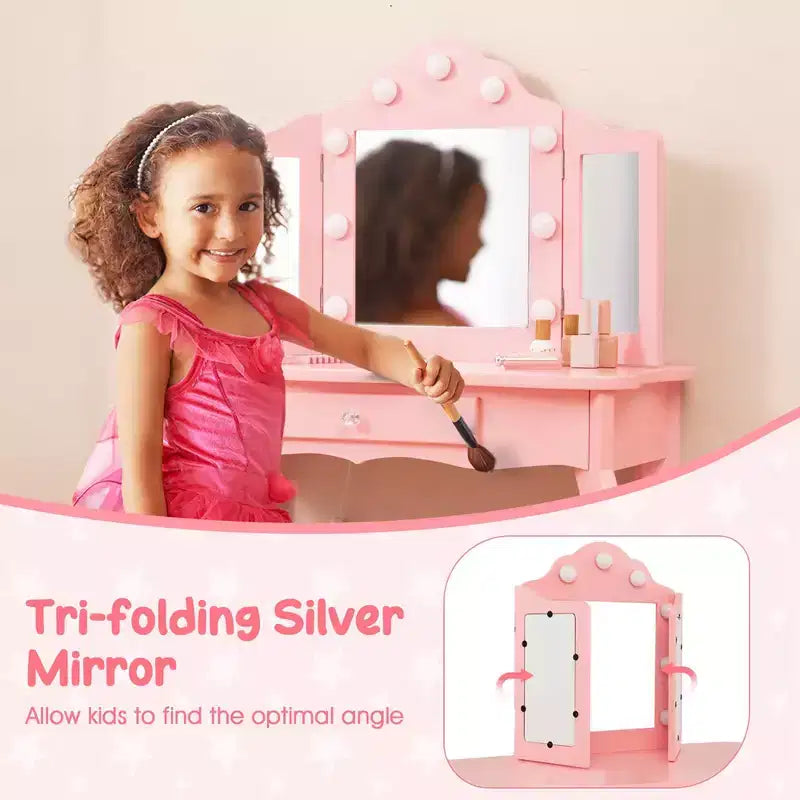 Costway Coiffeuse Enfant avec Tabouret Miroir Triple Pliant et Lumières LED 3 Couleurs Rose/Blanc
