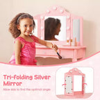 Costway Coiffeuse Enfant avec Tabouret Miroir Triple Pliant et Lumières LED 3 Couleurs Rose/Blanc