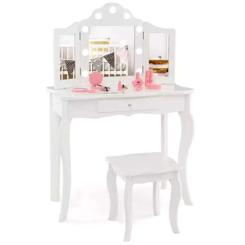 Costway Coiffeuse Enfant avec Tabouret Miroir Triple Pliant et Lumières LED 3 Couleurs Rose/Blanc