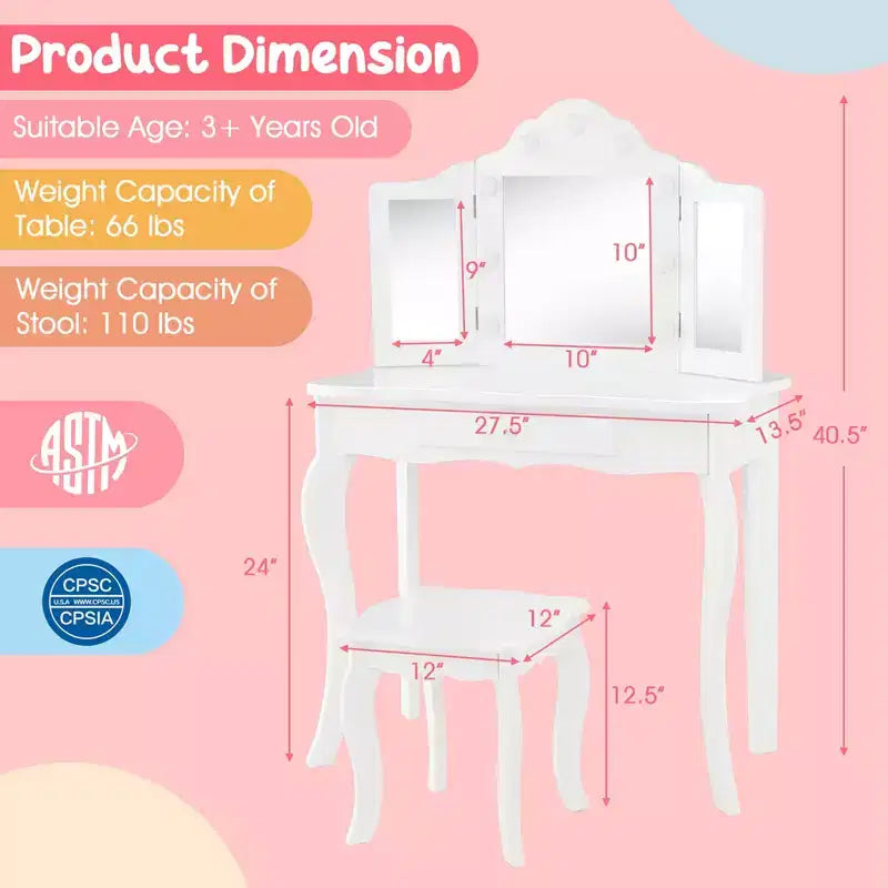 Costway Coiffeuse Enfant avec Tabouret Miroir Triple Pliant et Lumières LED 3 Couleurs Rose/Blanc