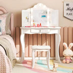 Costway Coiffeuse Enfant avec Tabouret Miroir Triple Pliant et Lumières LED 3 Couleurs Rose/Blanc