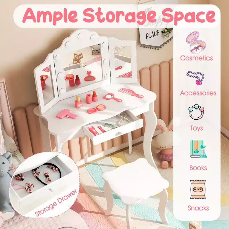 Costway Coiffeuse Enfant avec Tabouret Miroir Triple Pliant et Lumières LED 3 Couleurs Rose/Blanc
