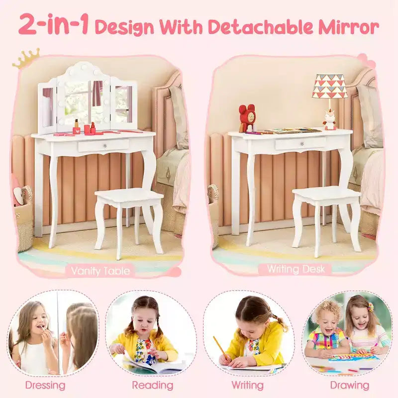 Costway Coiffeuse Enfant avec Tabouret Miroir Triple Pliant et Lumières LED 3 Couleurs Rose/Blanc