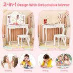 Costway Coiffeuse Enfant avec Tabouret Miroir Triple Pliant et Lumières LED 3 Couleurs Rose/Blanc