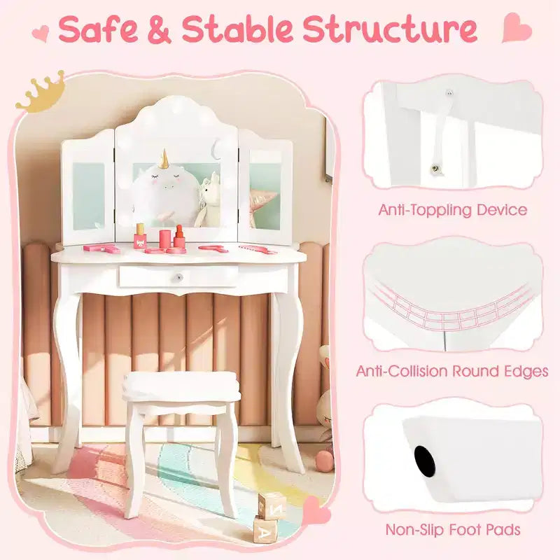 Costway Coiffeuse Enfant avec Tabouret Miroir Triple Pliant et Lumières LED 3 Couleurs Rose/Blanc