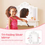 Costway Coiffeuse Enfant avec Tabouret Miroir Triple Pliant et Lumières LED 3 Couleurs Rose/Blanc
