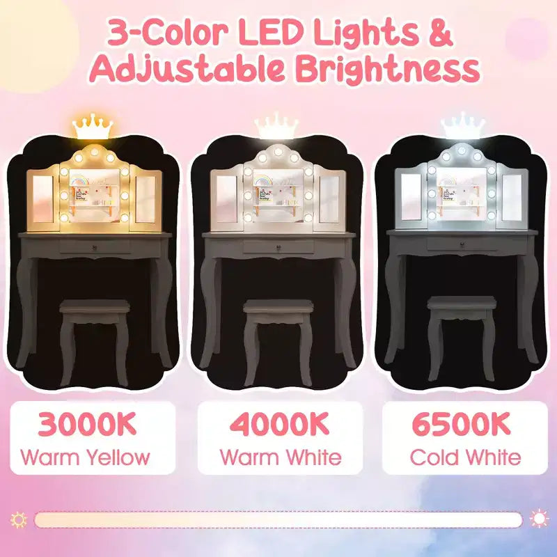 Costway Coiffeuse Enfant avec Tabouret Miroir Triple Pliant et Lumières LED 3 Couleurs Rose/Blanc
