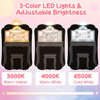 Costway Coiffeuse Enfant avec Tabouret Miroir Triple Pliant et Lumières LED 3 Couleurs Rose/Blanc