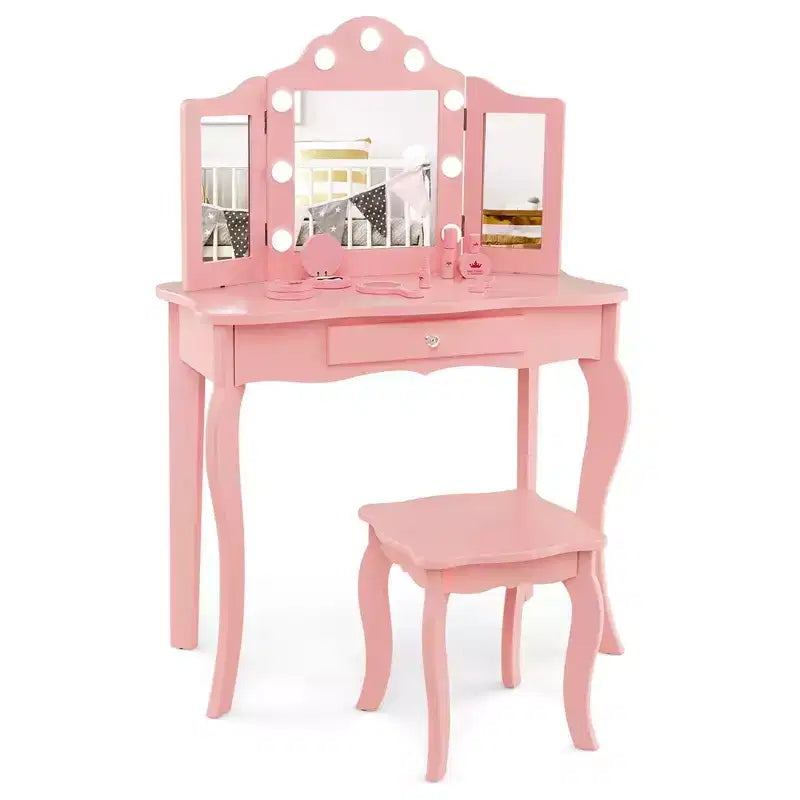 Costway Coiffeuse Enfant avec Tabouret Miroir Triple Pliant et Lumières LED 3 Couleurs Rose/Blanc