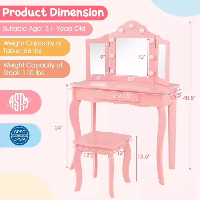 Costway Coiffeuse Enfant avec Tabouret Miroir Triple Pliant et Lumières LED 3 Couleurs Rose/Blanc