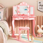 Costway Coiffeuse Enfant avec Tabouret Miroir Triple Pliant et Lumières LED 3 Couleurs Rose/Blanc