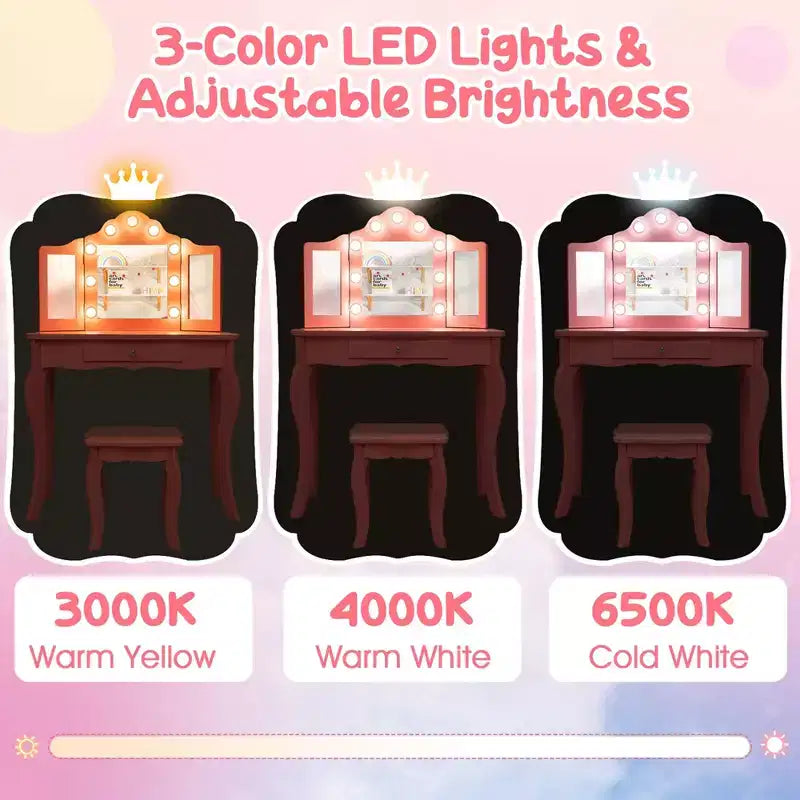 Costway Coiffeuse Enfant avec Tabouret Miroir Triple Pliant et Lumières LED 3 Couleurs Rose/Blanc
