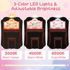 Costway Coiffeuse Enfant avec Tabouret Miroir Triple Pliant et Lumières LED 3 Couleurs Rose/Blanc