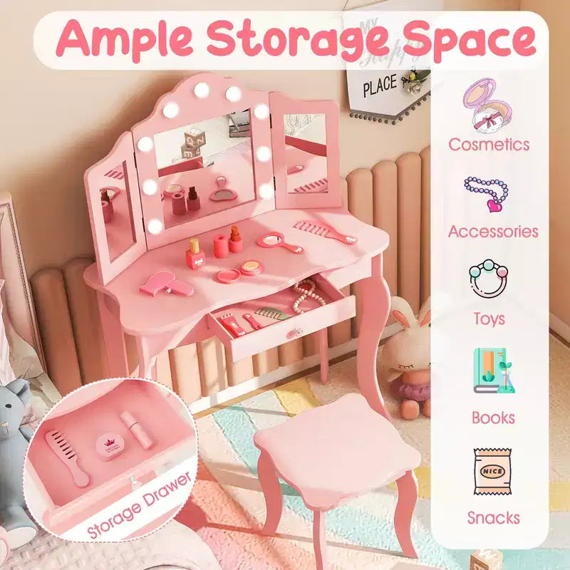 Costway Coiffeuse Enfant avec Tabouret Miroir Triple Pliant et Lumières LED 3 Couleurs Rose/Blanc