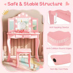 Costway Coiffeuse Enfant avec Tabouret Miroir Triple Pliant et Lumières LED 3 Couleurs Rose/Blanc