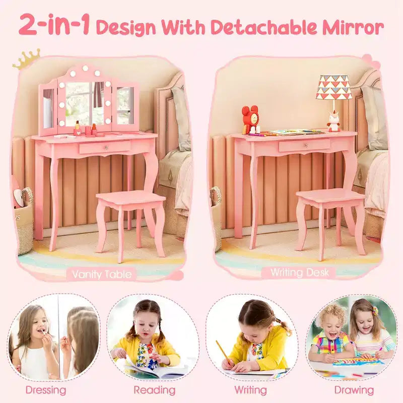 Costway Coiffeuse Enfant avec Tabouret Miroir Triple Pliant et Lumières LED 3 Couleurs Rose/Blanc