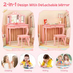 Costway Coiffeuse Enfant avec Tabouret Miroir Triple Pliant et Lumières LED 3 Couleurs Rose/Blanc