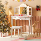 Costway Coiffeuse Enfant avec Tabouret Miroir Triple Pliant et Lumières LED 3 Couleurs Rose/Blanc