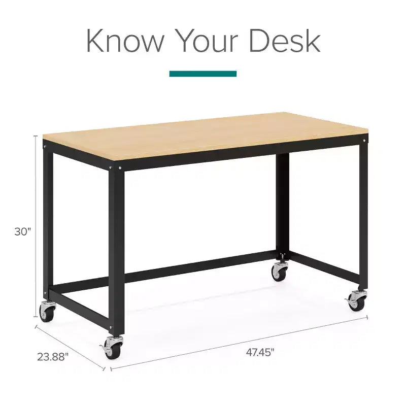 Bureau mobile en métal de 48 po de large pour bureau à domicile avec plateau en érable - Solutions d'espace